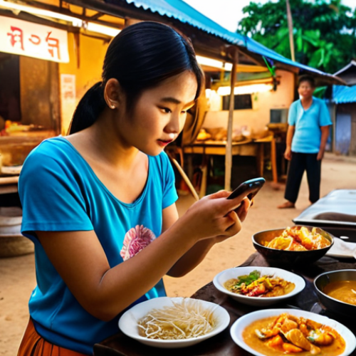 Home 4 ** A vibrant scene of a rural Thai village. In the foreground, a young woman is using a smartphone to learn how to cook traditional Thai dishes via YouTube. Her small street food stall is visible in the background, showcasing her culinary creations. Focus on the warm lighting and the sense of empowerment through technology.
**