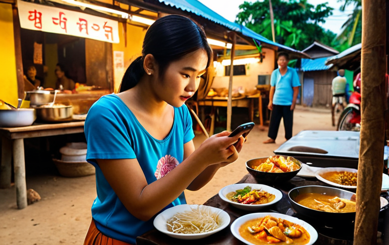 ** A vibrant scene of a rural Thai village. In the foreground, a young woman is using a smartphone to learn how to cook traditional Thai dishes via YouTube. Her small street food stall is visible in the background, showcasing her culinary creations. Focus on the warm lighting and the sense of empowerment through technology.

**