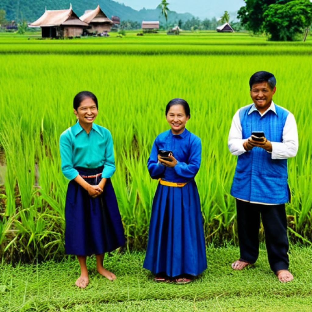Rural Thailand Tech Empowerment**
"A rural Thai village scene, with farmers gathered around a mobile phone displaying weather data for agriculture, fully clothed in traditional Thai clothing, modest attire, safe for work, appropriate content, professional photography, perfect anatomy, correct proportions, natural poses, bright daylight, lush green rice paddies in the background, friendly expressions, family-friendly, high quality."
**