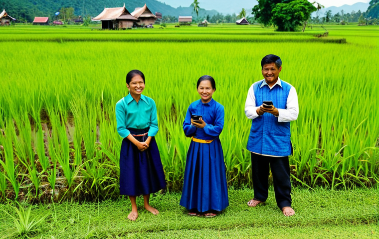 Rural Thailand Tech Empowerment**

"A rural Thai village scene, with farmers gathered around a mobile phone displaying weather data for agriculture, fully clothed in traditional Thai clothing, modest attire, safe for work, appropriate content, professional photography, perfect anatomy, correct proportions, natural poses, bright daylight, lush green rice paddies in the background, friendly expressions, family-friendly, high quality."

**