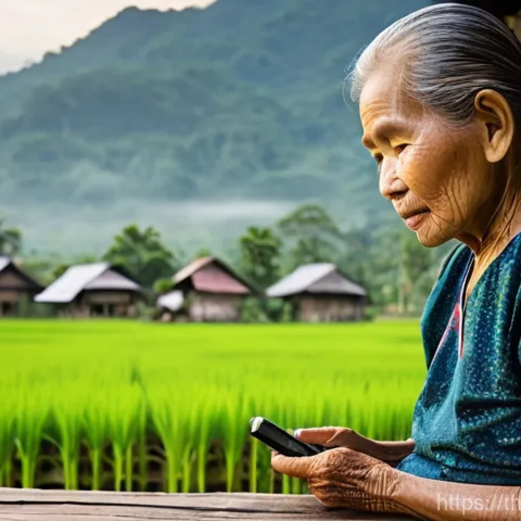 기술 격차 해소 이니셔티브의 국제적 동향 - An elderly Thai woman, wearing a traditional, modest blouse and pha nung, sits peacefully on a weath...