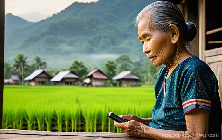 기술 격차 해소 이니셔티브의 국제적 동향 - An elderly Thai woman, wearing a traditional, modest blouse and pha nung, sits peacefully on a weath...