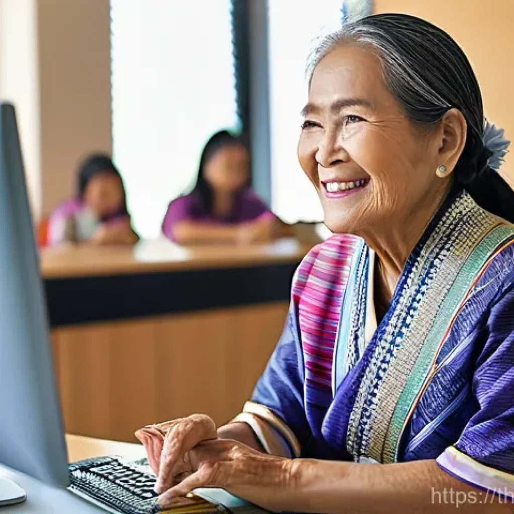 기술 격차 해소를 위한 저소득층 지원 방안 - **Prompt:** A serene and brightly lit scene inside a modern, clean Thai Digital Community Center. An...