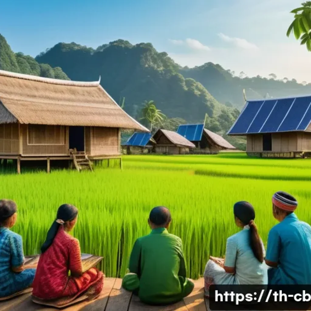 기술 격차 해소를 위한 인프라 구축 전략 - A vibrant rural Thai village scene showcasing the installation of satellite internet technology: vil...