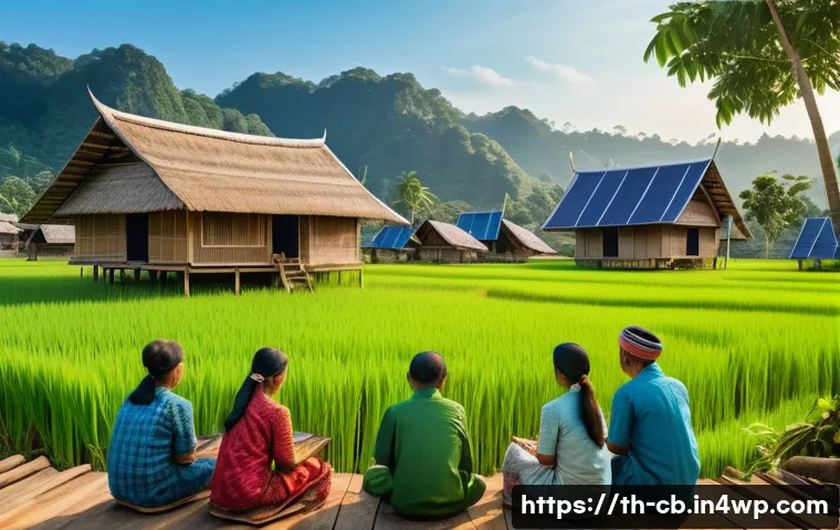 기술 격차 해소를 위한 인프라 구축 전략 - A vibrant rural Thai village scene showcasing the installation of satellite internet technology: vil...
