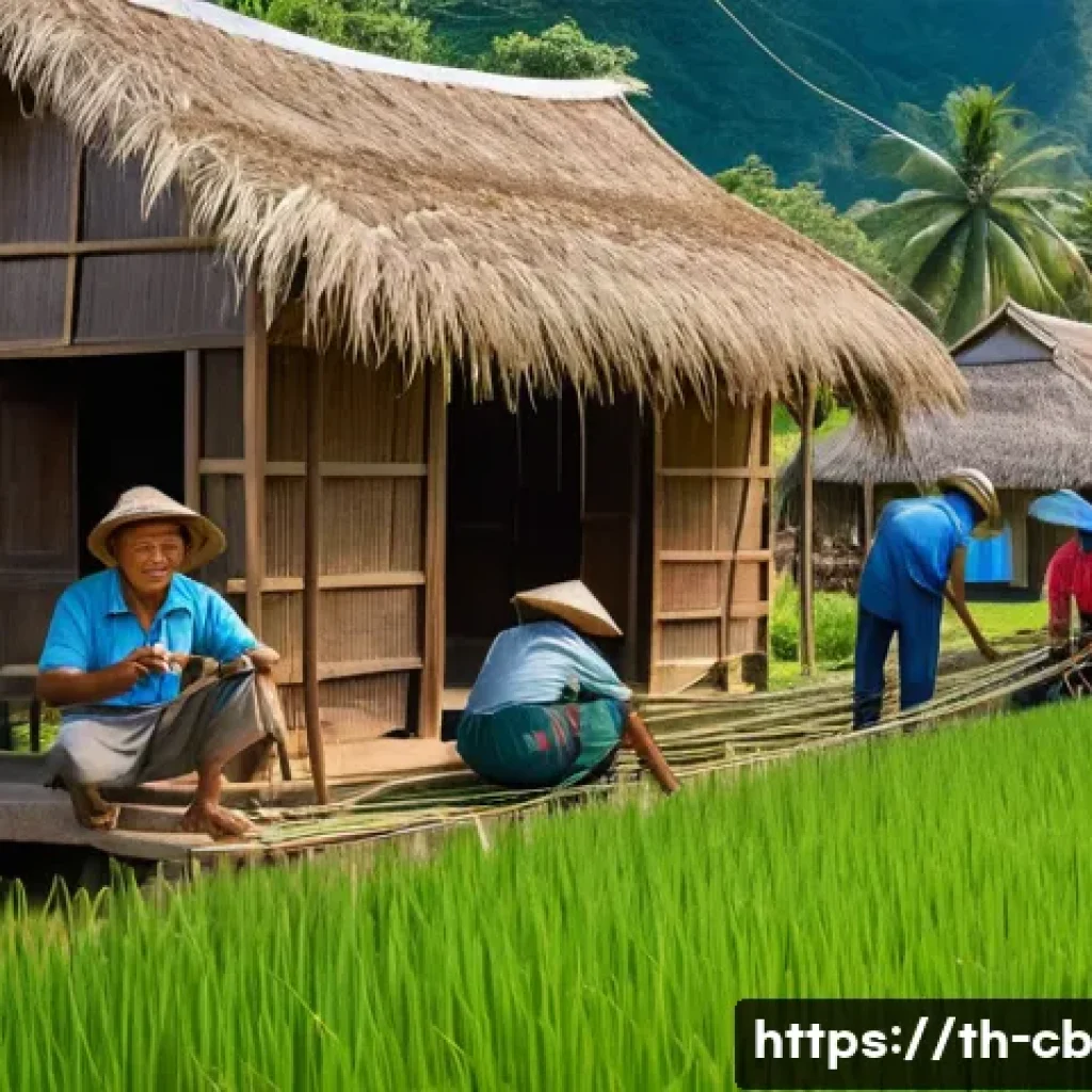 기술 격차 해소를 위한 새로운 기술 활용 - A rural Thai village scene showing a community fiber optic network installation in progress: local t...