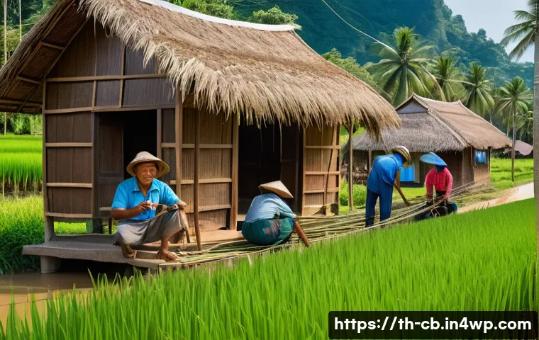 기술 격차 해소를 위한 새로운 기술 활용 - A rural Thai village scene showing a community fiber optic network installation in progress: local t...
