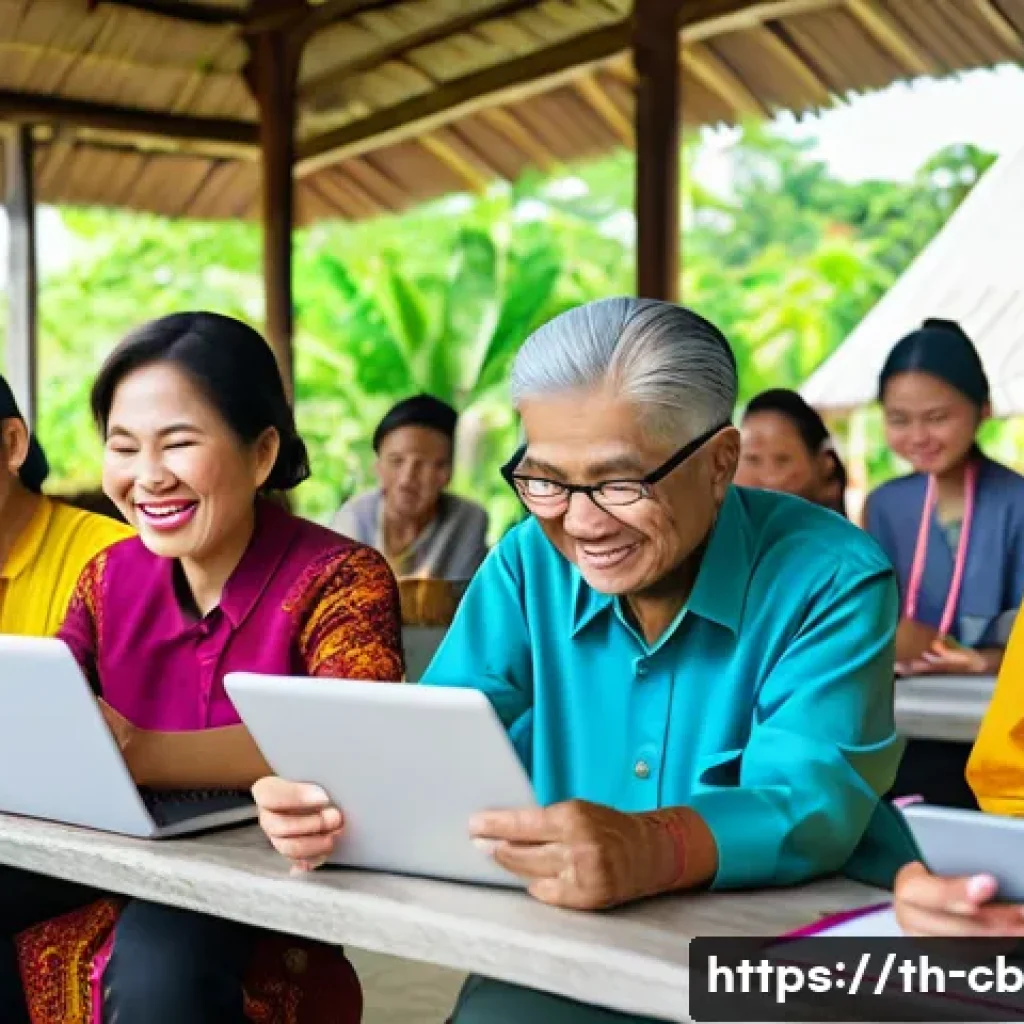기술 격차 해소를 위한 성공적인 파트너십 - A vibrant community workshop scene in a rural Thai village, showing diverse local people including y...