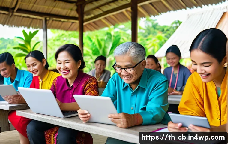 기술 격차 해소를 위한 성공적인 파트너십 - A vibrant community workshop scene in a rural Thai village, showing diverse local people including y...