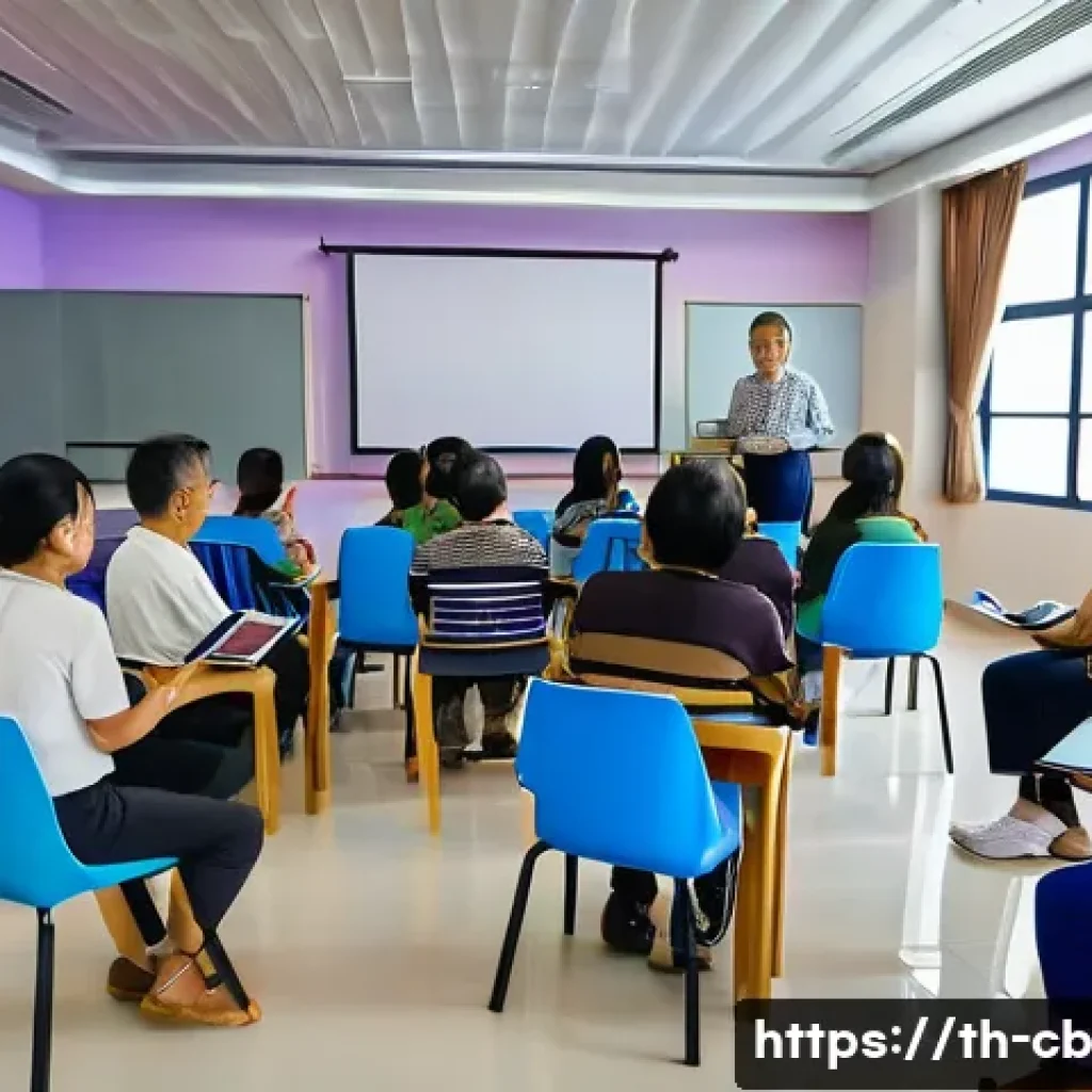 기술 격차 해소와 평생 교육의 중요성 - A diverse group of Thai adults and elderly learners sitting in a modern community center, engaging i...