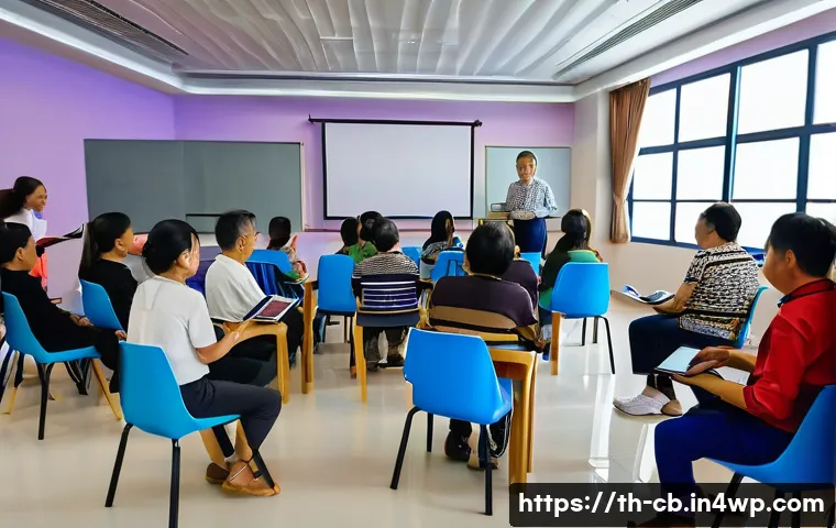기술 격차 해소와 평생 교육의 중요성 - A diverse group of Thai adults and elderly learners sitting in a modern community center, engaging i...