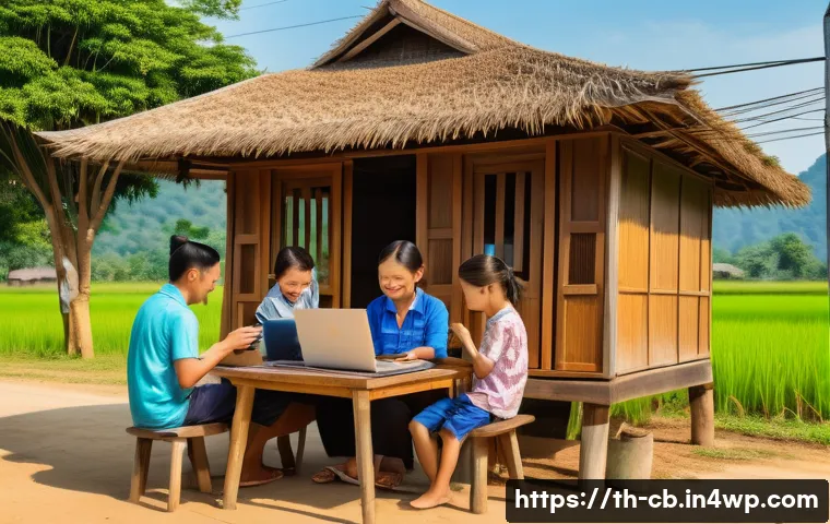 기술 격차 해소를 위한 인식 개선 캠페인 - A rural community in Thailand with families and children gathered around a newly installed high-spee...