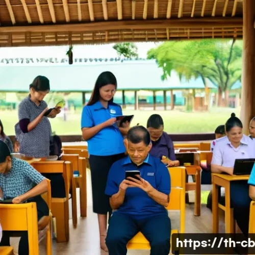기술 격차 해소 이니셔티브 사례 연구 - A vibrant rural community center in Thailand where diverse groups of people, including elderly and y...