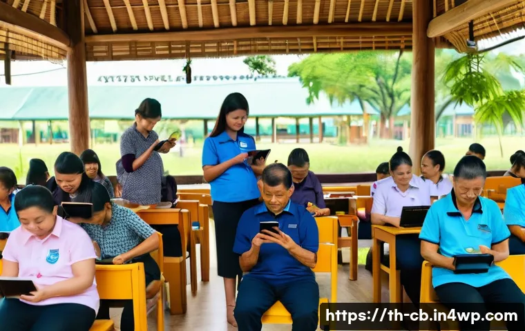 기술 격차 해소 이니셔티브 사례 연구 - A vibrant rural community center in Thailand where diverse groups of people, including elderly and y...