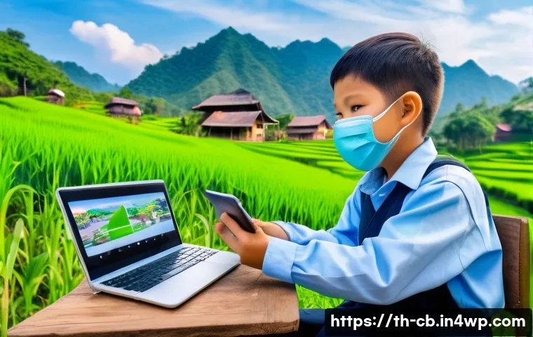 기술 격차 해소와 사회적 책임 - A rural Thai village scene in Chiang Rai province showing a newly installed 5G signal tower surround...