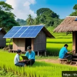 기술 격차 해소와 사회적 형평성 - A vibrant rural Thai village scene showcasing the expansion of high-speed internet infrastructure: l...