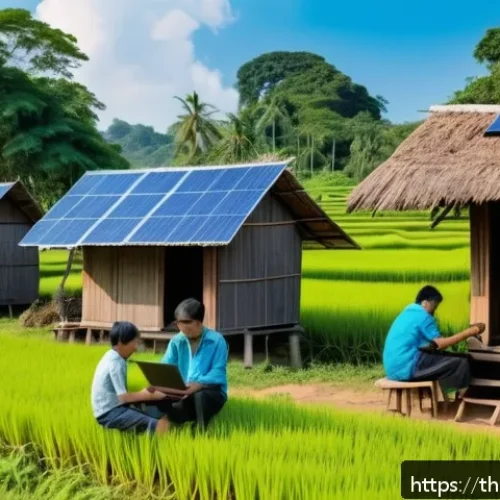 기술 격차 해소와 사회적 형평성 - A vibrant rural Thai village scene showcasing the expansion of high-speed internet infrastructure: l...
