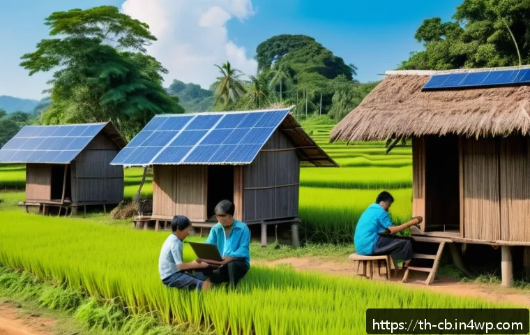 기술 격차 해소와 사회적 형평성 - A vibrant rural Thai village scene showcasing the expansion of high-speed internet infrastructure: l...