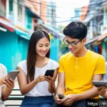 기술 격차 해소를 위한 사업 모델 개발 - A diverse group of Thai people of various ages using digital devices in a bright, modern urban envir...